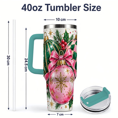 #pl[40oz|Green] Pink Christmas Ornaments 40oz Tumbler, Bow and Holly Holiday Artwork