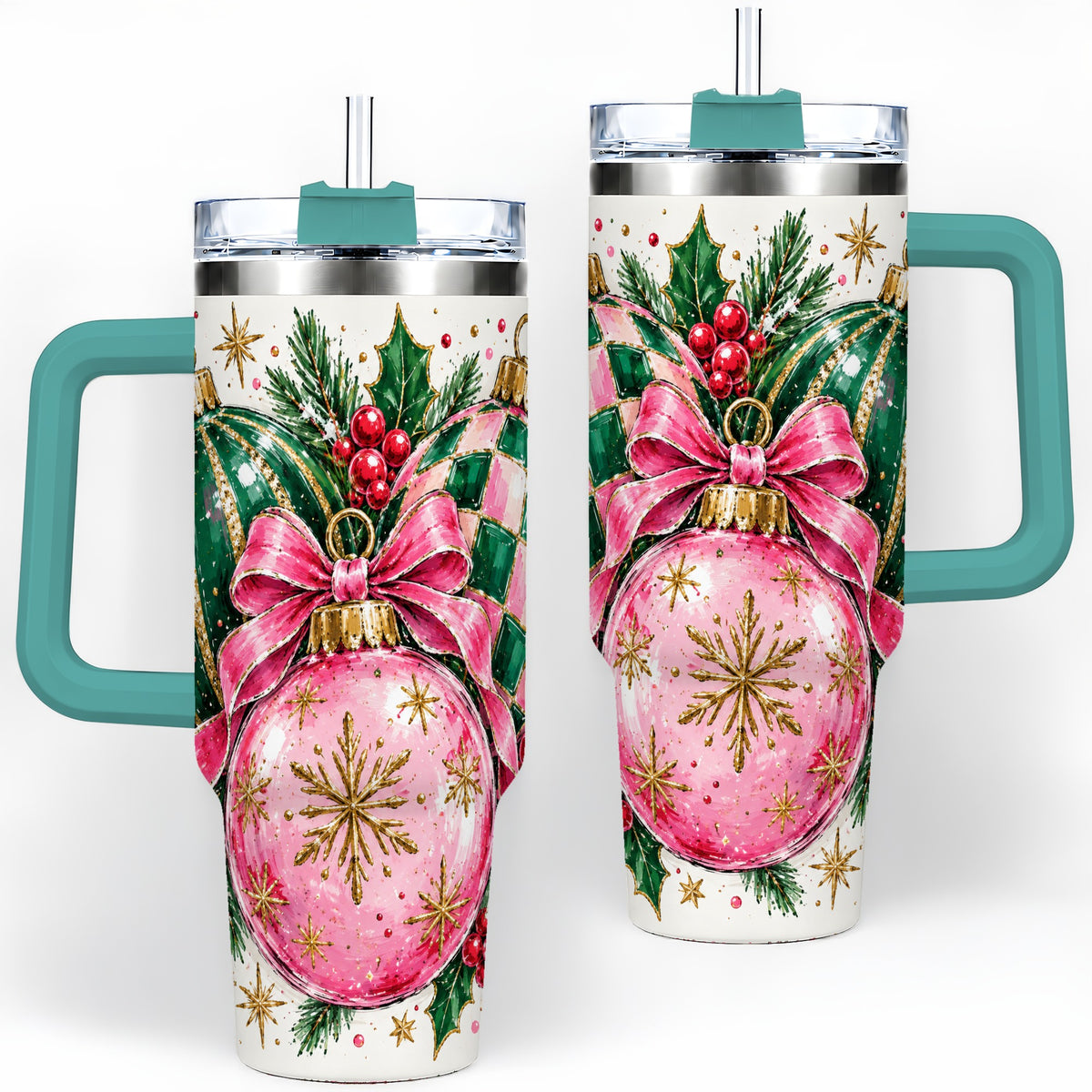 #pl[40oz|Green] Pink Christmas Ornaments 40oz Tumbler, Bow and Holly Holiday Artwork