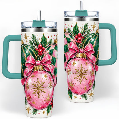 #pl[40oz|Green] Pink Christmas Ornaments 40oz Tumbler, Bow and Holly Holiday Artwork
