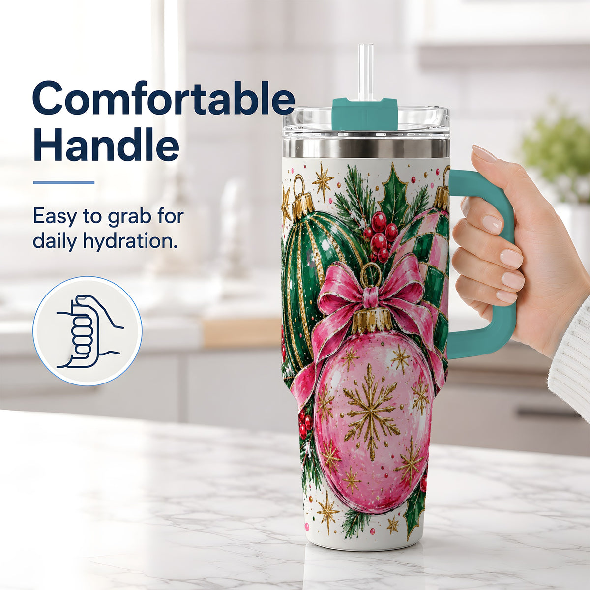 #pl[40oz|Green] Pink Christmas Ornaments 40oz Tumbler, Bow and Holly Holiday Artwork