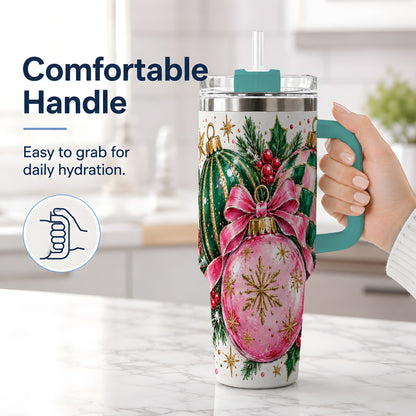 #pl[40oz|Green] Pink Christmas Ornaments 40oz Tumbler, Bow and Holly Holiday Artwork