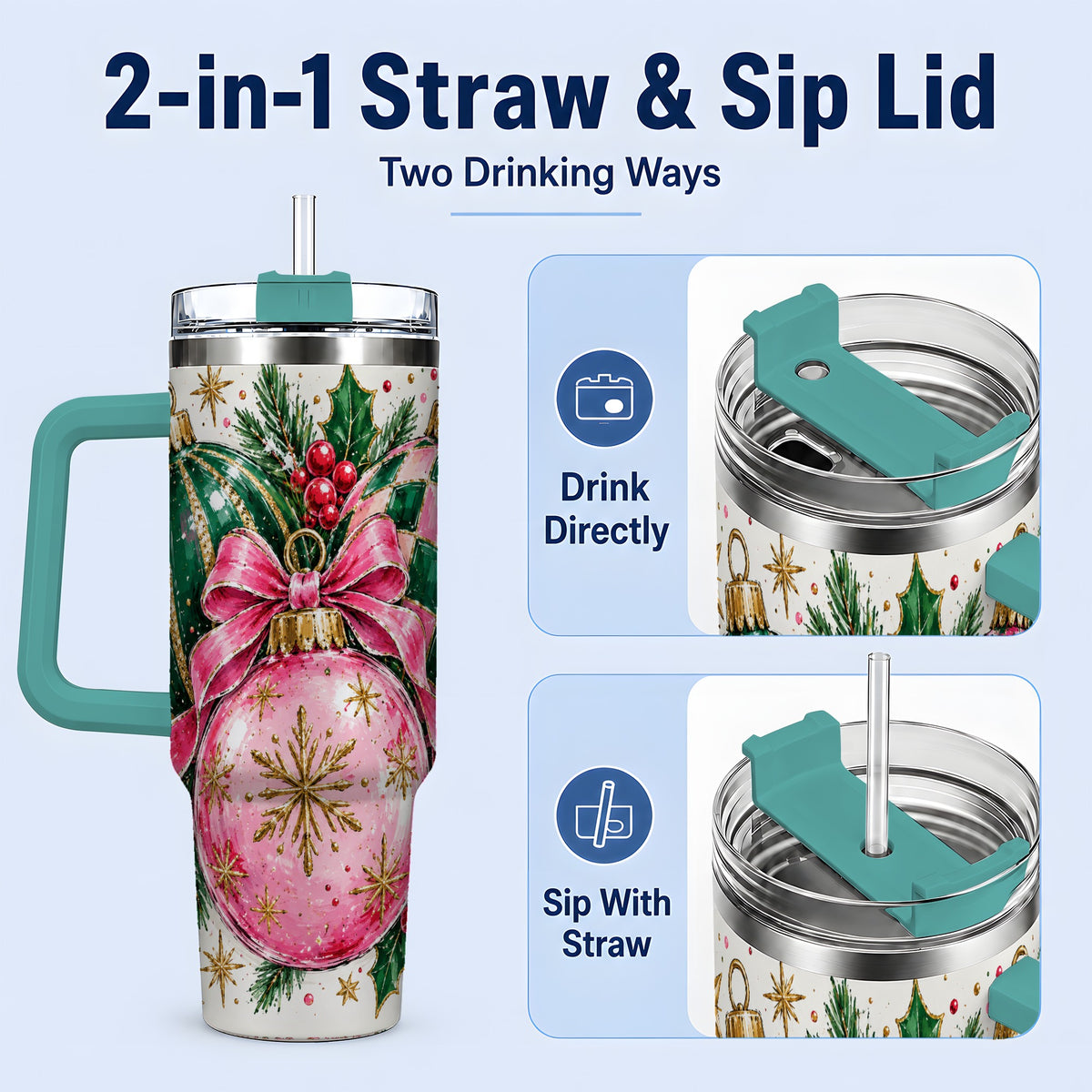 #pl[40oz|Green] Pink Christmas Ornaments 40oz Tumbler, Bow and Holly Holiday Artwork