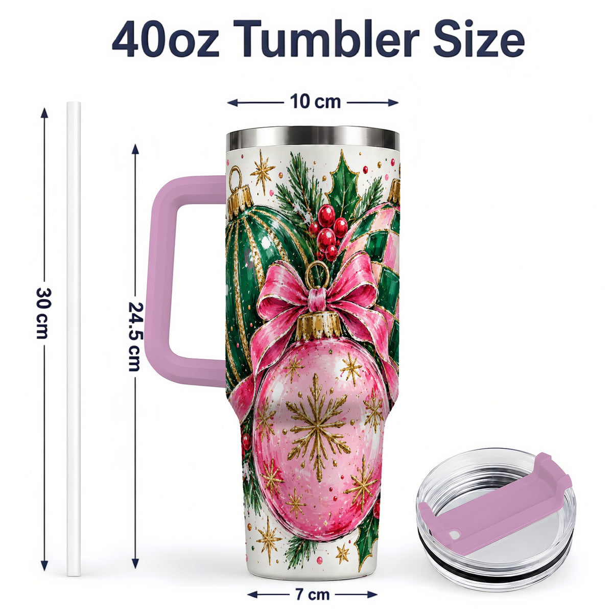 #pl[40oz|Pink] Pink Christmas Ornaments 40oz Tumbler, Bow and Holly Holiday Artwork