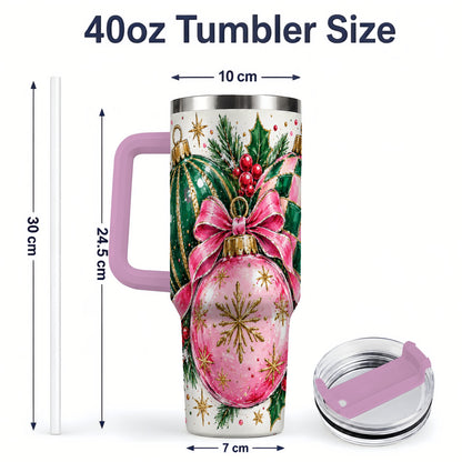 #pl[40oz|Pink] Pink Christmas Ornaments 40oz Tumbler, Bow and Holly Holiday Artwork