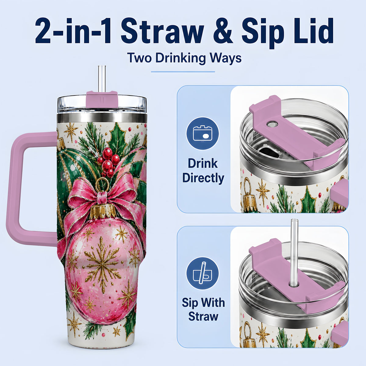 #pl[40oz|Pink] Pink Christmas Ornaments 40oz Tumbler, Bow and Holly Holiday Artwork