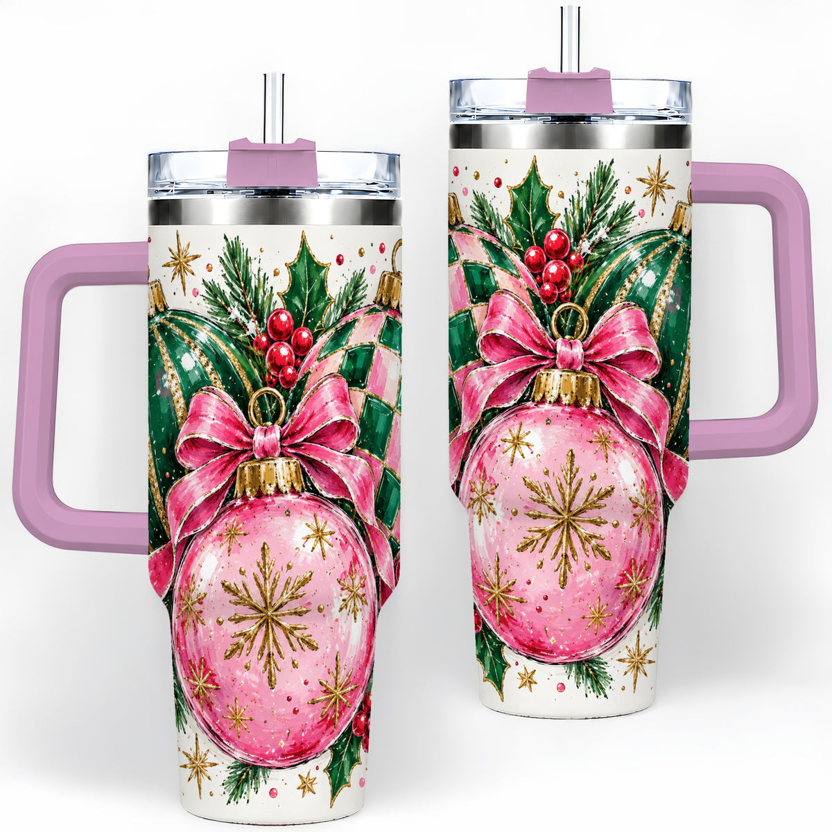 #pl[40oz|Pink] Pink Christmas Ornaments 40oz Tumbler, Bow and Holly Holiday Artwork