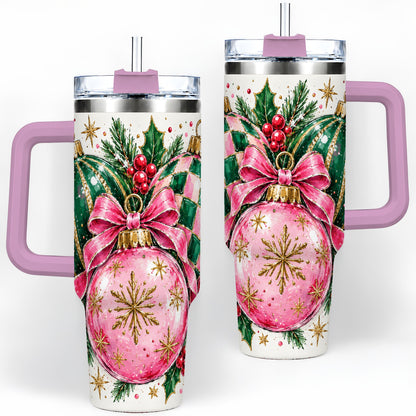 #pl[40oz|Pink] Pink Christmas Ornaments 40oz Tumbler, Bow and Holly Holiday Artwork