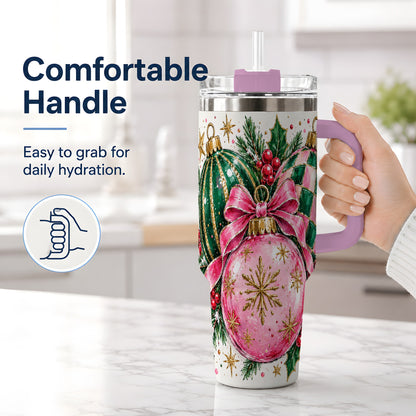 #pl[40oz|Pink] Pink Christmas Ornaments 40oz Tumbler, Bow and Holly Holiday Artwork