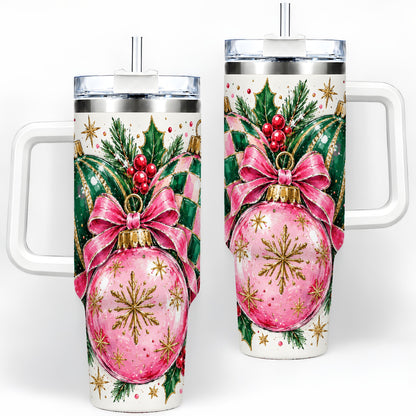 Pink Christmas Ornaments 40oz Tumbler, Bow and Holly Holiday Artwork