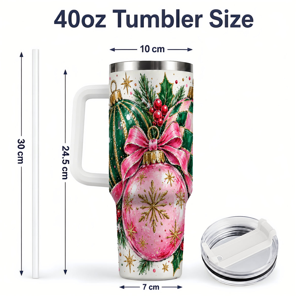 #pl[40oz|White] Pink Christmas Ornaments 40oz Tumbler, Bow and Holly Holiday Artwork