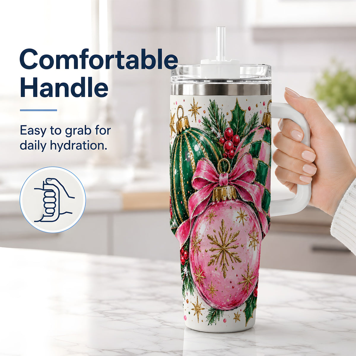 #pl[40oz|White] Pink Christmas Ornaments 40oz Tumbler, Bow and Holly Holiday Artwork