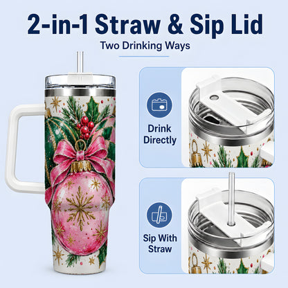 #pl[40oz|White] Pink Christmas Ornaments 40oz Tumbler, Bow and Holly Holiday Artwork