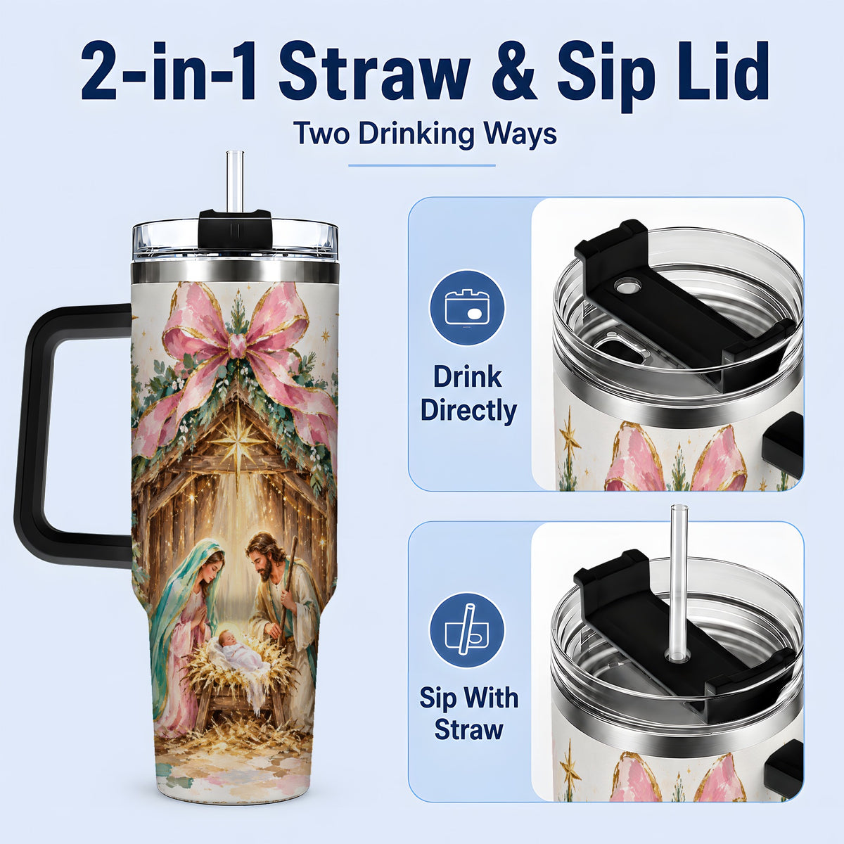 #pl[40oz|Black] Nativity Scene 40oz Stainless Steel Tumbler, Christmas Religious Artwork