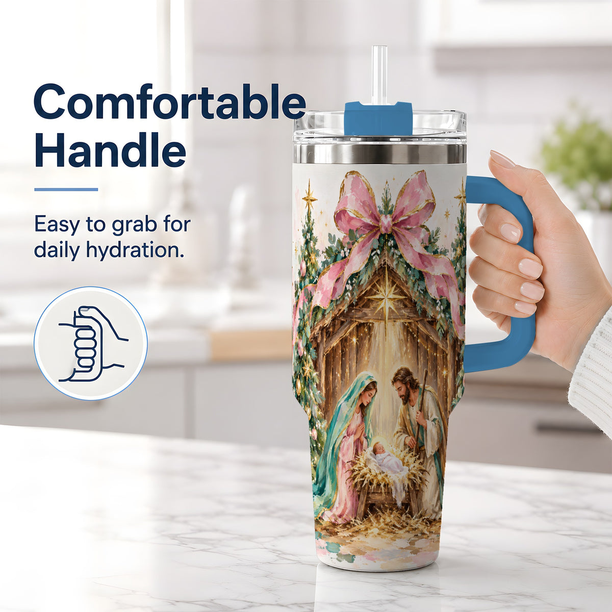 #pl[40oz|Blue] Nativity Scene 40oz Stainless Steel Tumbler, Christmas Religious Artwork