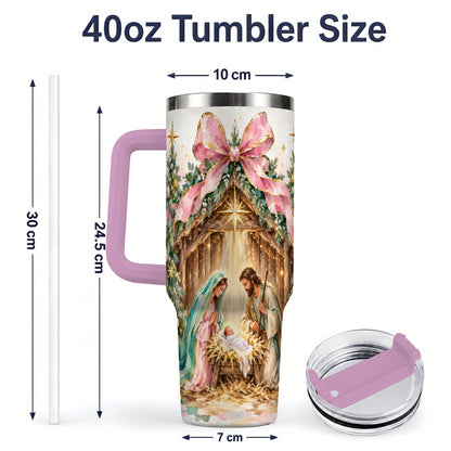 #pl[40oz|Pink] Nativity Scene 40oz Stainless Steel Tumbler, Christmas Religious Artwork