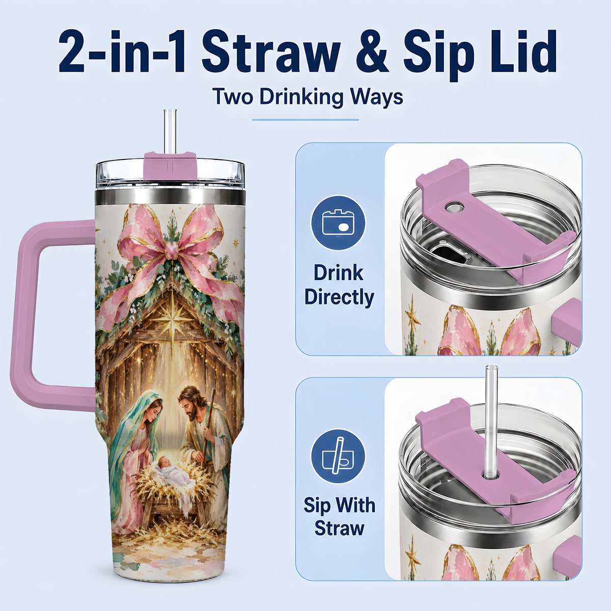 #pl[40oz|Pink] Nativity Scene 40oz Stainless Steel Tumbler, Christmas Religious Artwork