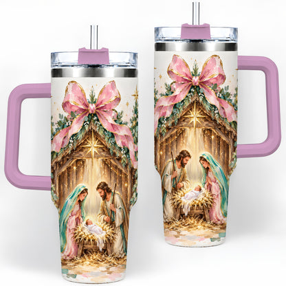 #pl[40oz|Pink] Nativity Scene 40oz Stainless Steel Tumbler, Christmas Religious Artwork