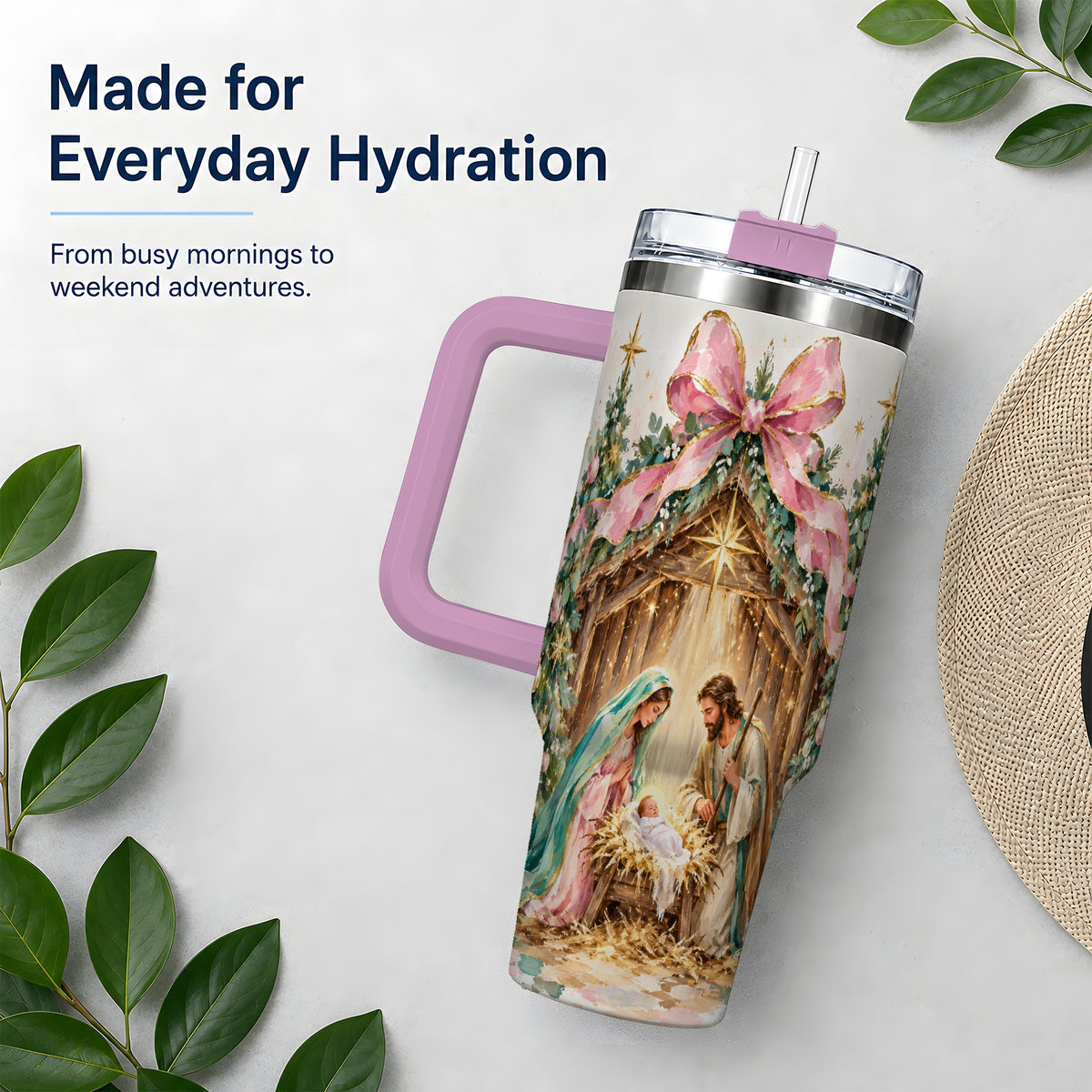 #pl[40oz|Pink] Nativity Scene 40oz Stainless Steel Tumbler, Christmas Religious Artwork