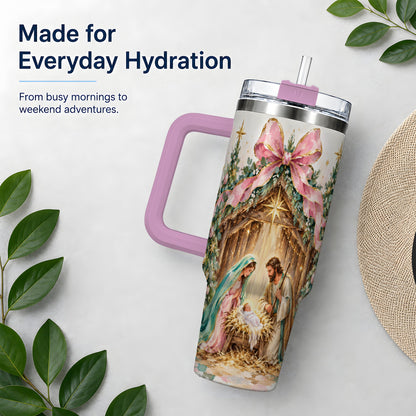 #pl[40oz|Pink] Nativity Scene 40oz Stainless Steel Tumbler, Christmas Religious Artwork
