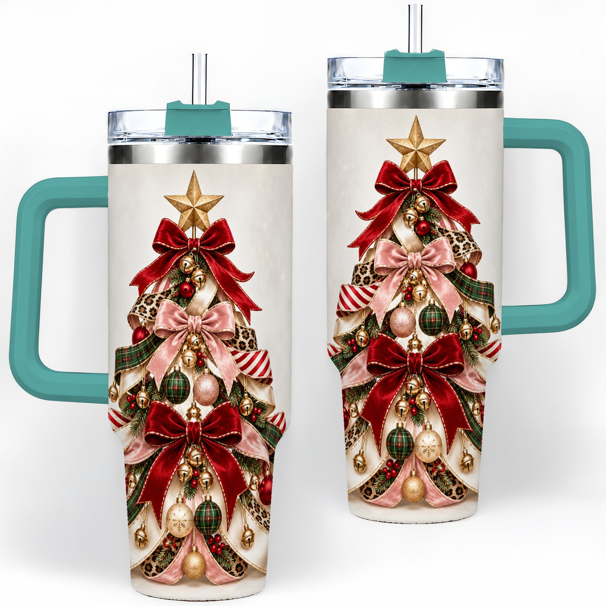 #pl[40oz|Green] Ribbon Christmas Tree 40oz Tumbler, Festive Ornament Artwork