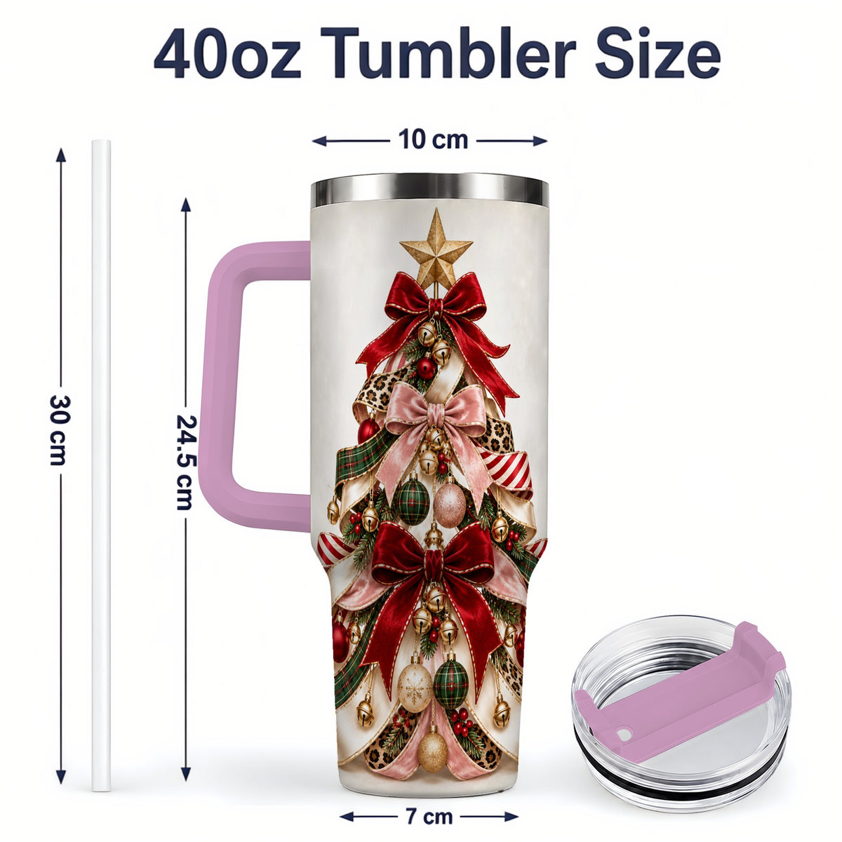 #pl[40oz|Pink] Ribbon Christmas Tree 40oz Tumbler, Festive Ornament Artwork