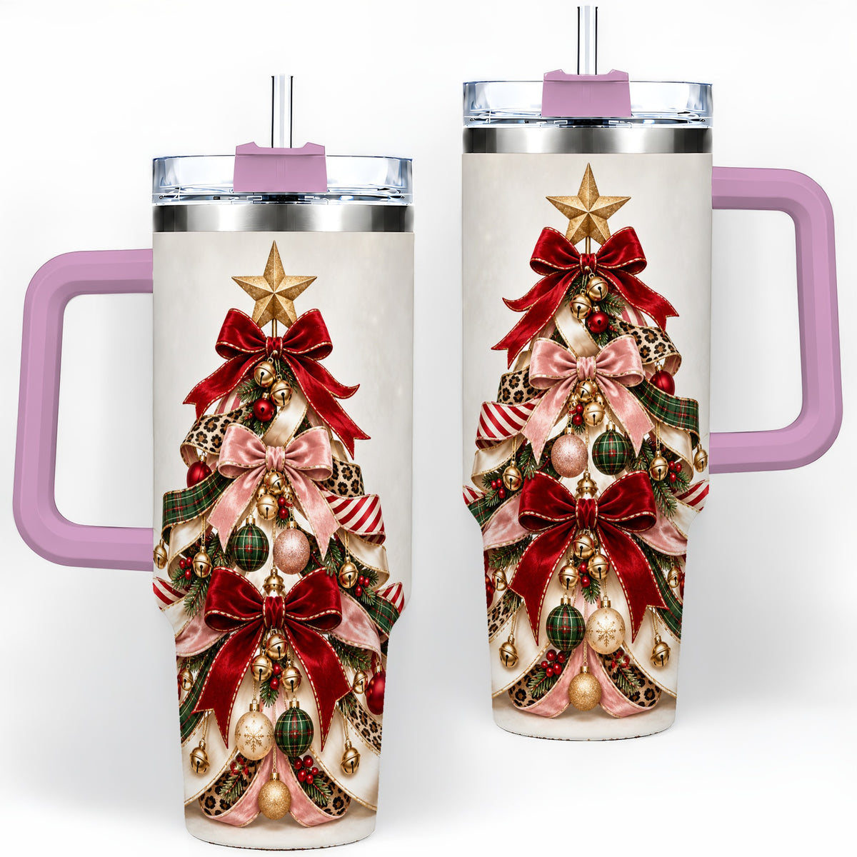 #pl[40oz|Pink] Ribbon Christmas Tree 40oz Tumbler, Festive Ornament Artwork