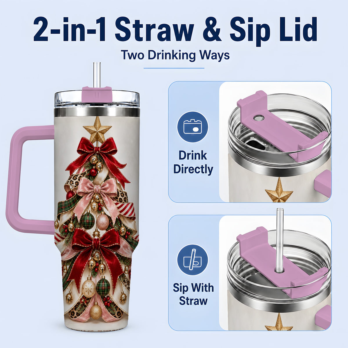 #pl[40oz|Pink] Ribbon Christmas Tree 40oz Tumbler, Festive Ornament Artwork