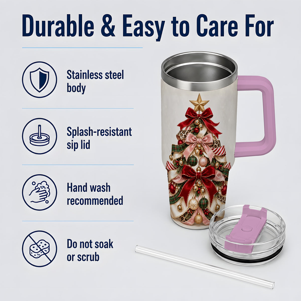 #pl[40oz|Pink] Ribbon Christmas Tree 40oz Tumbler, Festive Ornament Artwork