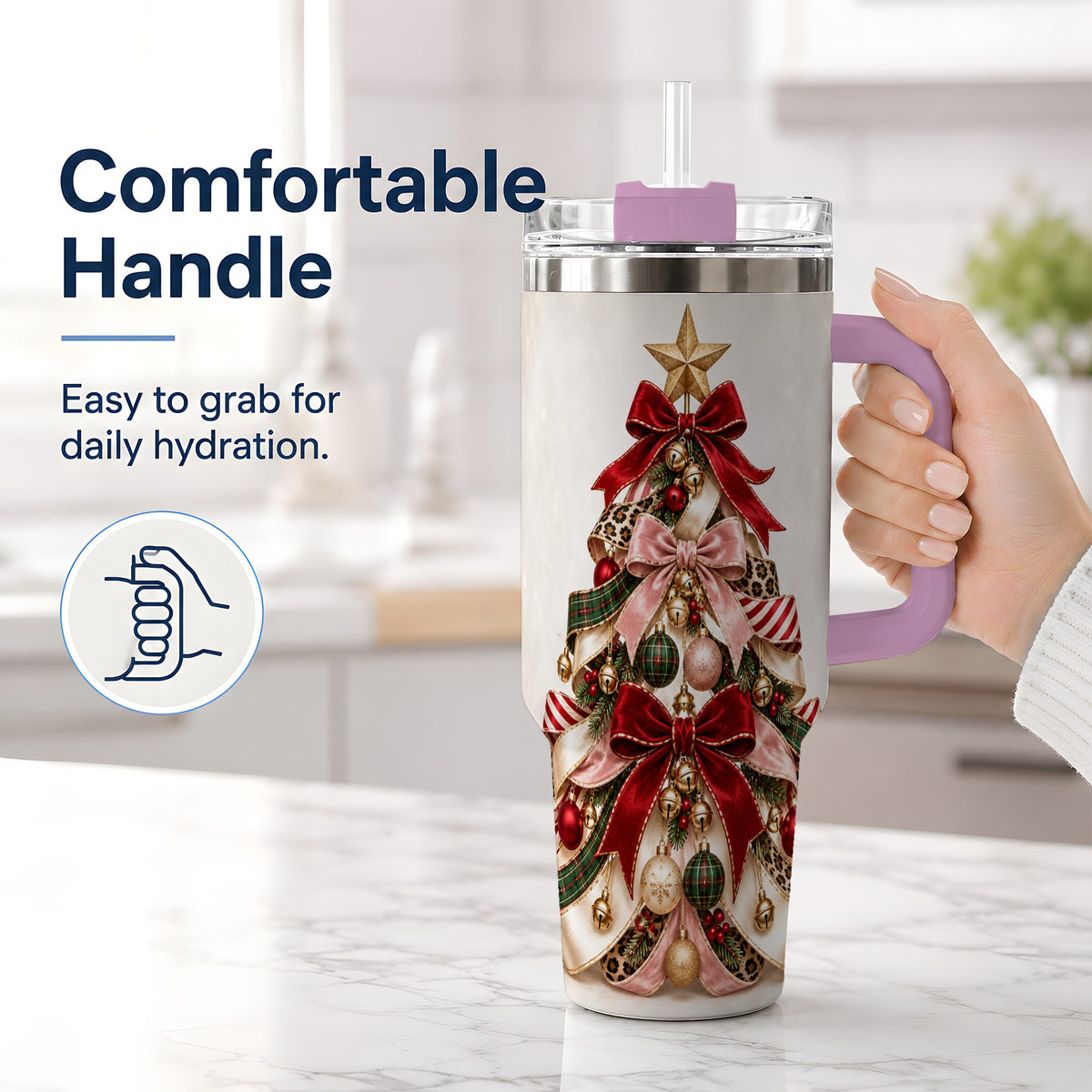 #pl[40oz|Pink] Ribbon Christmas Tree 40oz Tumbler, Festive Ornament Artwork