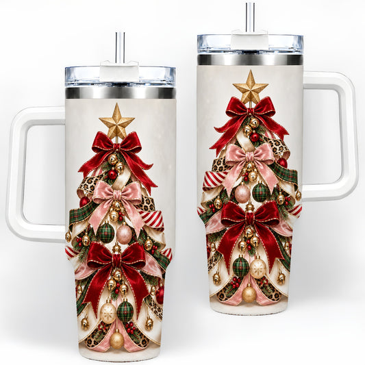 Ribbon Christmas Tree 40oz Tumbler, Festive Ornament Artwork