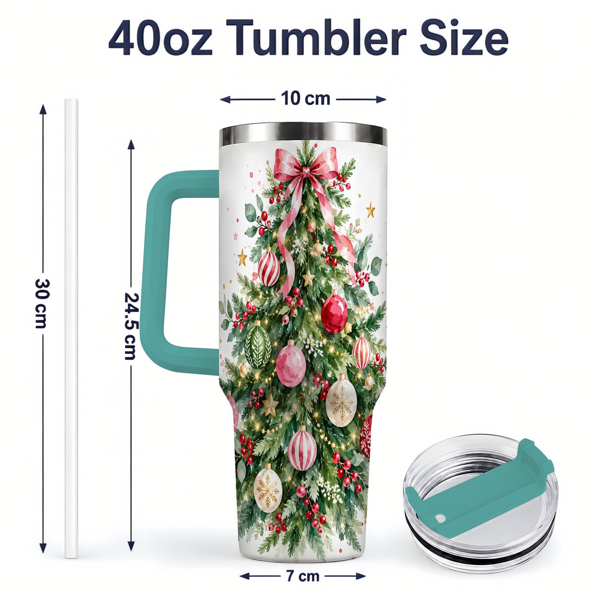 #pl[40oz|Green] Watercolor Christmas Tree 40oz Tumbler, Pink Bow Holiday Artwork
