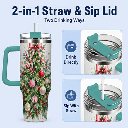 #pl[40oz|Green] Watercolor Christmas Tree 40oz Tumbler, Pink Bow Holiday Artwork