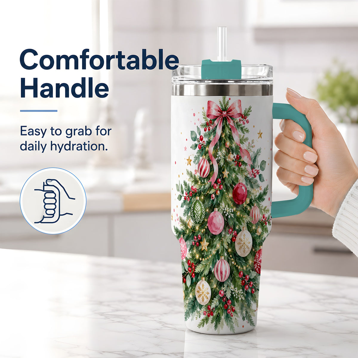 #pl[40oz|Green] Watercolor Christmas Tree 40oz Tumbler, Pink Bow Holiday Artwork