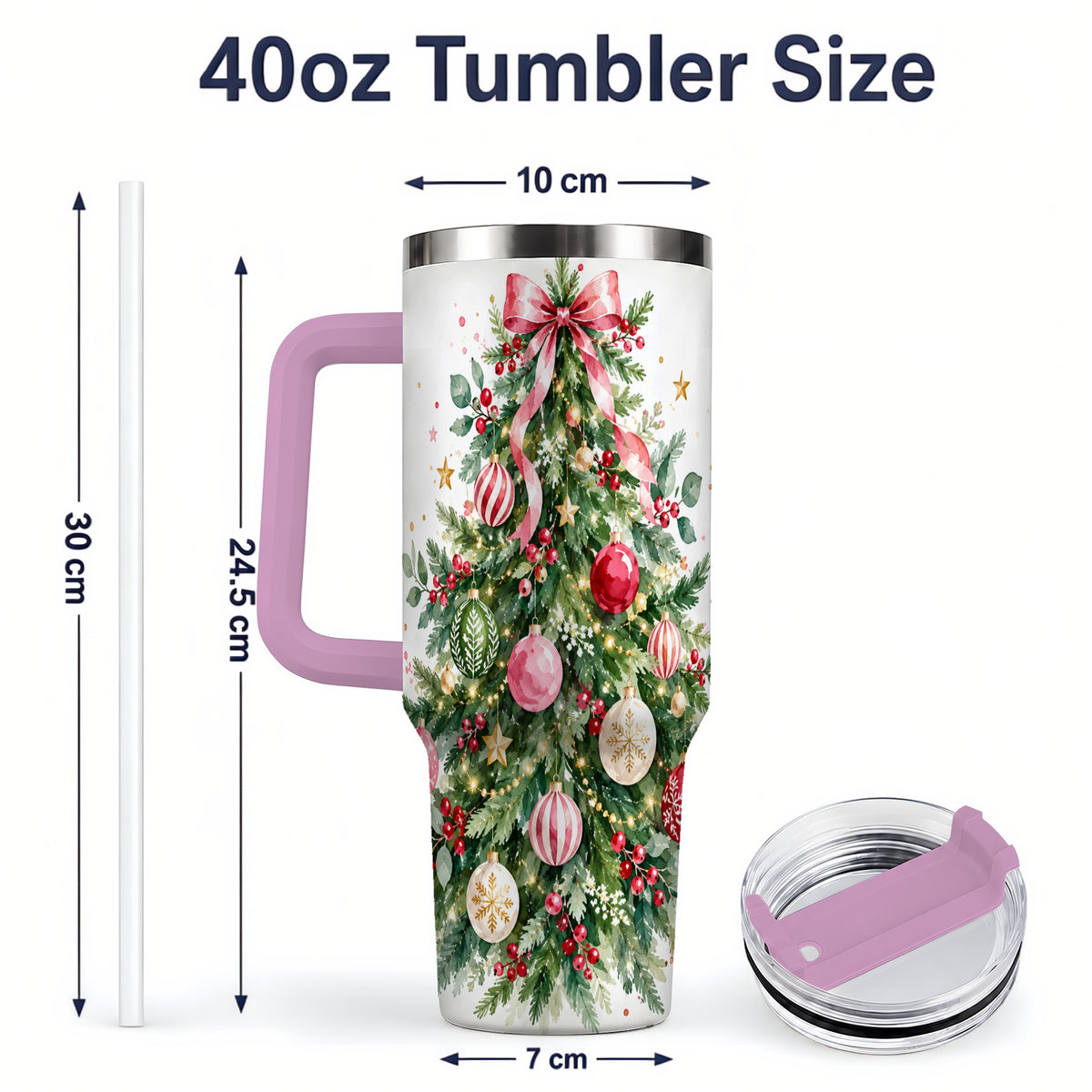 #pl[40oz|Pink] Watercolor Christmas Tree 40oz Tumbler, Pink Bow Holiday Artwork