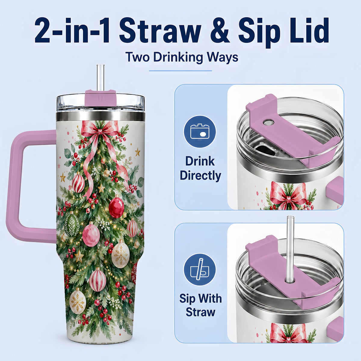 #pl[40oz|Pink] Watercolor Christmas Tree 40oz Tumbler, Pink Bow Holiday Artwork