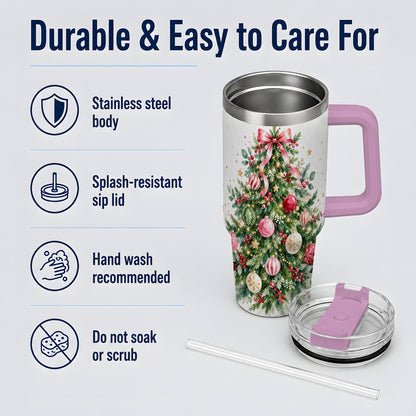 #pl[40oz|Pink] Watercolor Christmas Tree 40oz Tumbler, Pink Bow Holiday Artwork