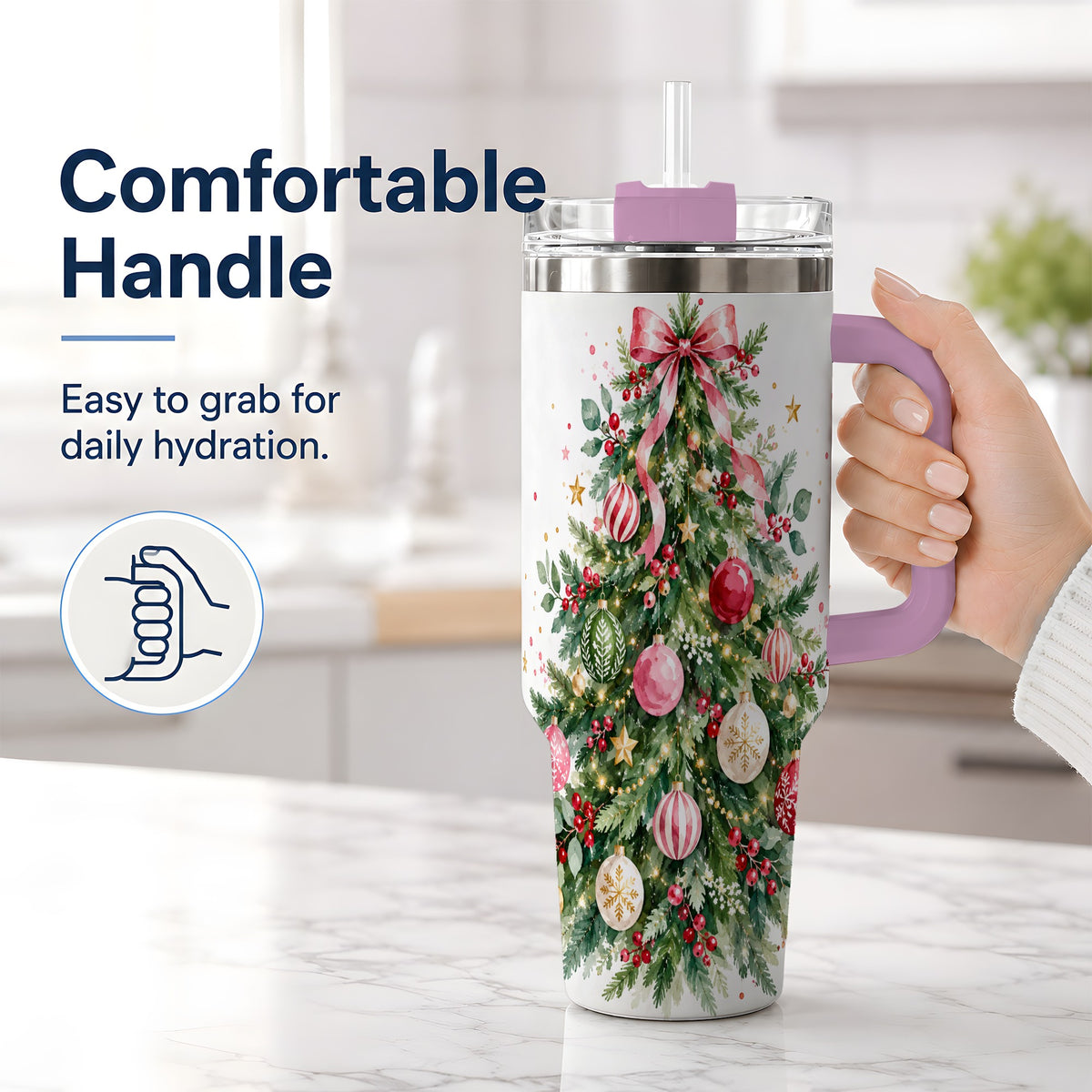 #pl[40oz|Pink] Watercolor Christmas Tree 40oz Tumbler, Pink Bow Holiday Artwork