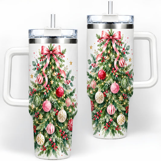 Watercolor Christmas Tree 40oz Tumbler, Pink Bow Holiday Artwork