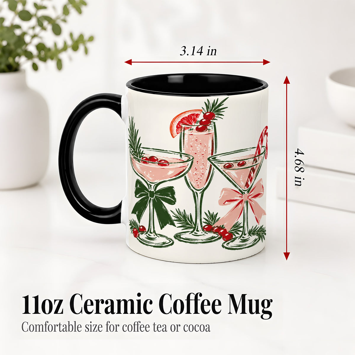 #pl[11oz|Black] Christmas Cocktail Ceramic Mug, Candy Cane Cranberry Holiday Art
