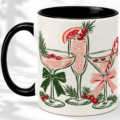 #pl[11oz|Black] Christmas Cocktail Ceramic Mug, Candy Cane Cranberry Holiday Art