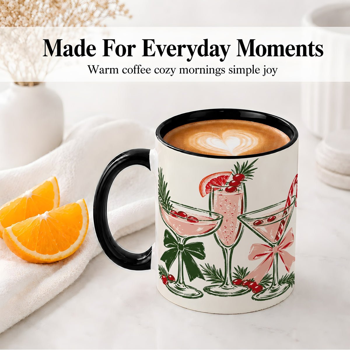 #pl[11oz|Black] Christmas Cocktail Ceramic Mug, Candy Cane Cranberry Holiday Art