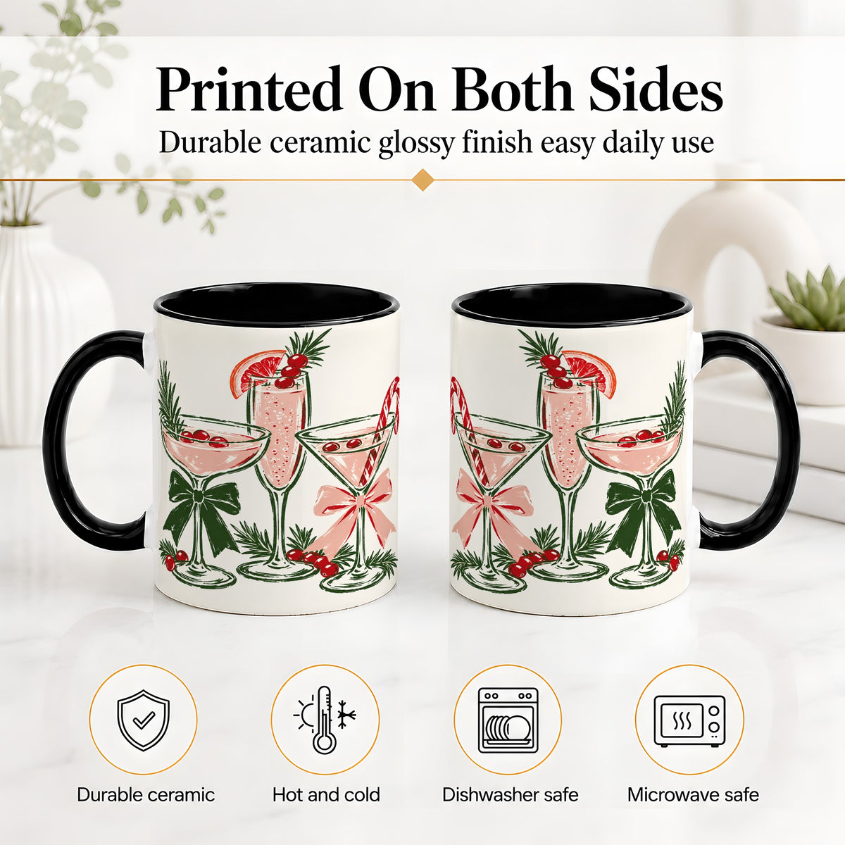 #pl[11oz|Black] Christmas Cocktail Ceramic Mug, Candy Cane Cranberry Holiday Art