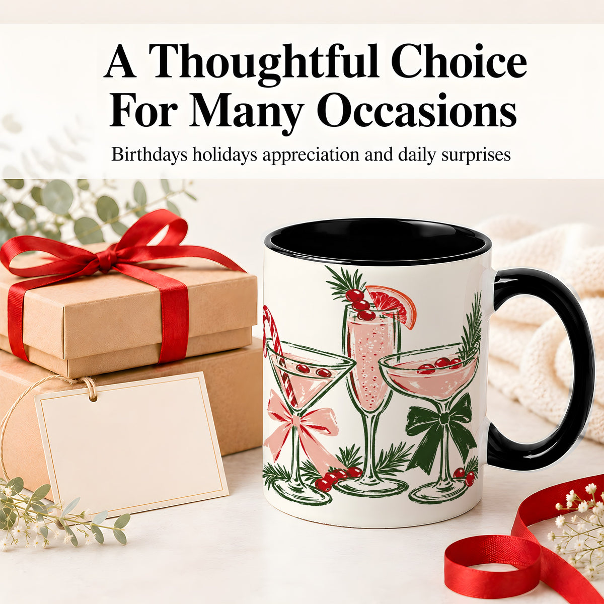 #pl[11oz|Black] Christmas Cocktail Ceramic Mug, Candy Cane Cranberry Holiday Art