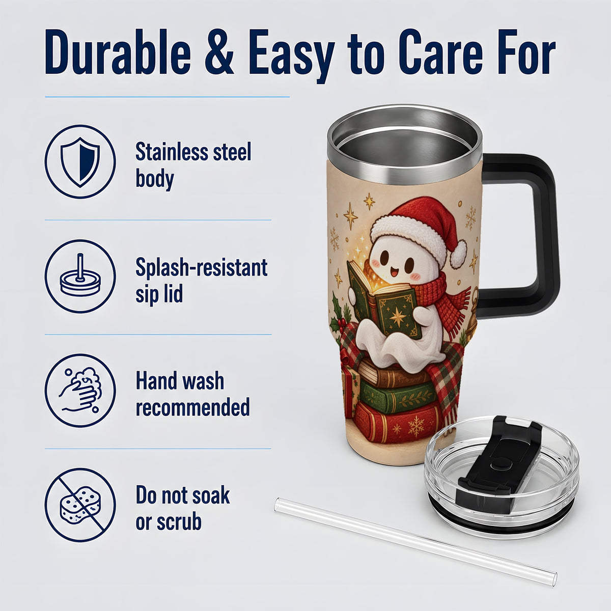 #pl[40oz|Black] Christmas Ghost Reading 40oz Tumbler, Cozy Holiday Book Artwork