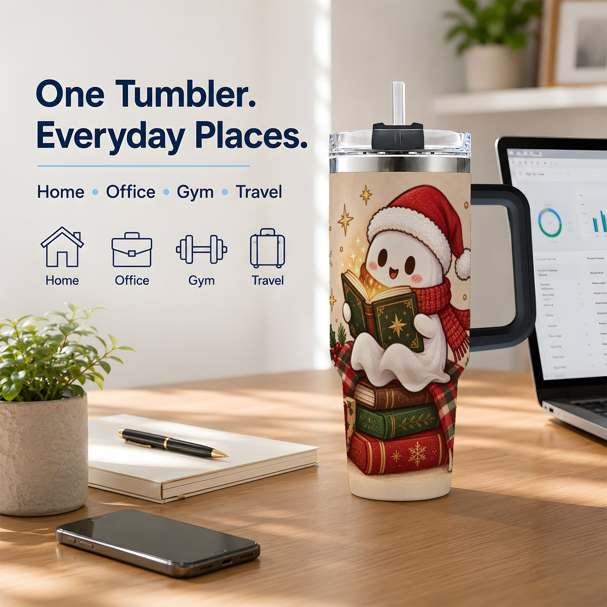 #pl[40oz|Black] Christmas Ghost Reading 40oz Tumbler, Cozy Holiday Book Artwork