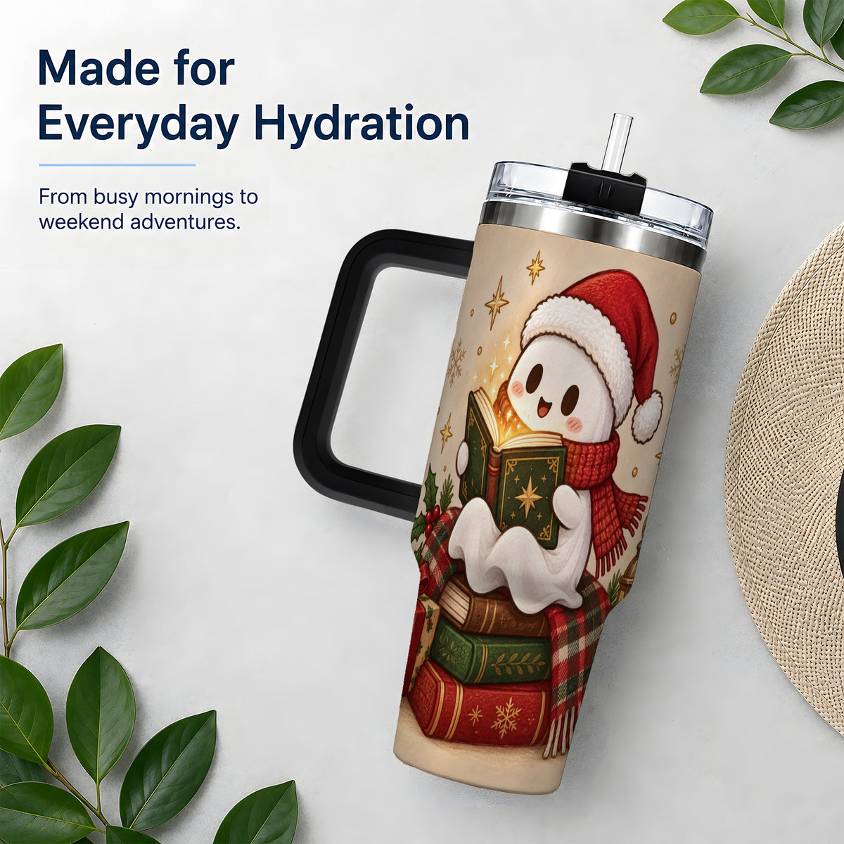 #pl[40oz|Black] Christmas Ghost Reading 40oz Tumbler, Cozy Holiday Book Artwork