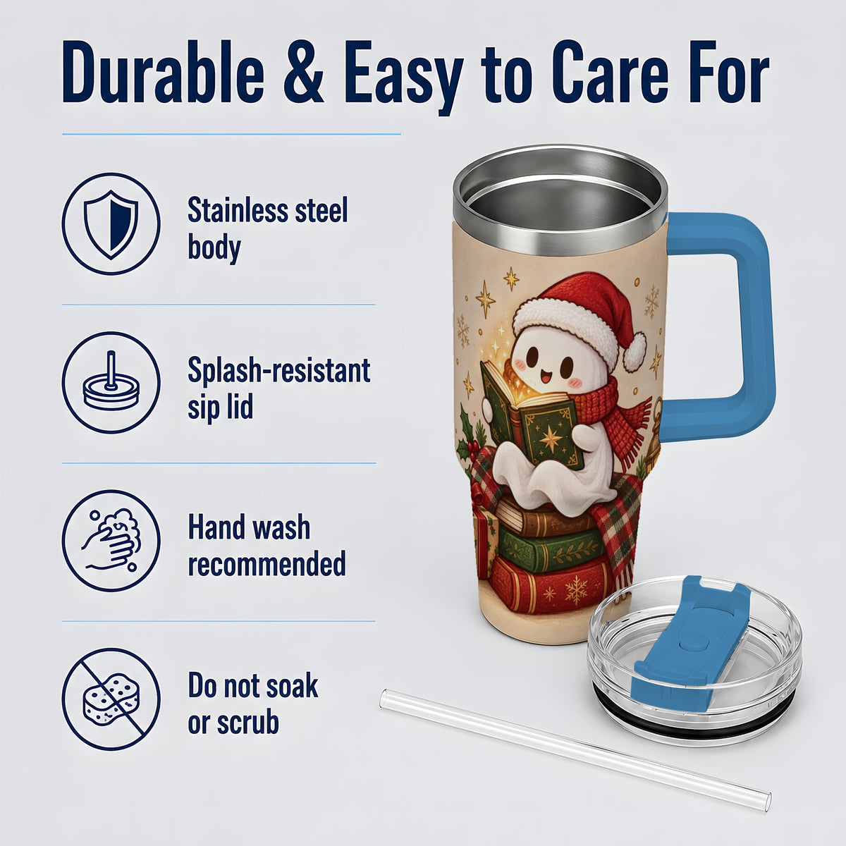 #pl[40oz|Blue] Christmas Ghost Reading 40oz Tumbler, Cozy Holiday Book Artwork
