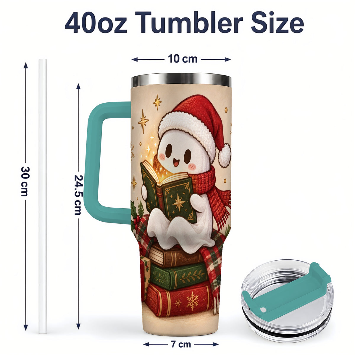 #pl[40oz|Green] Christmas Ghost Reading 40oz Tumbler, Cozy Holiday Book Artwork