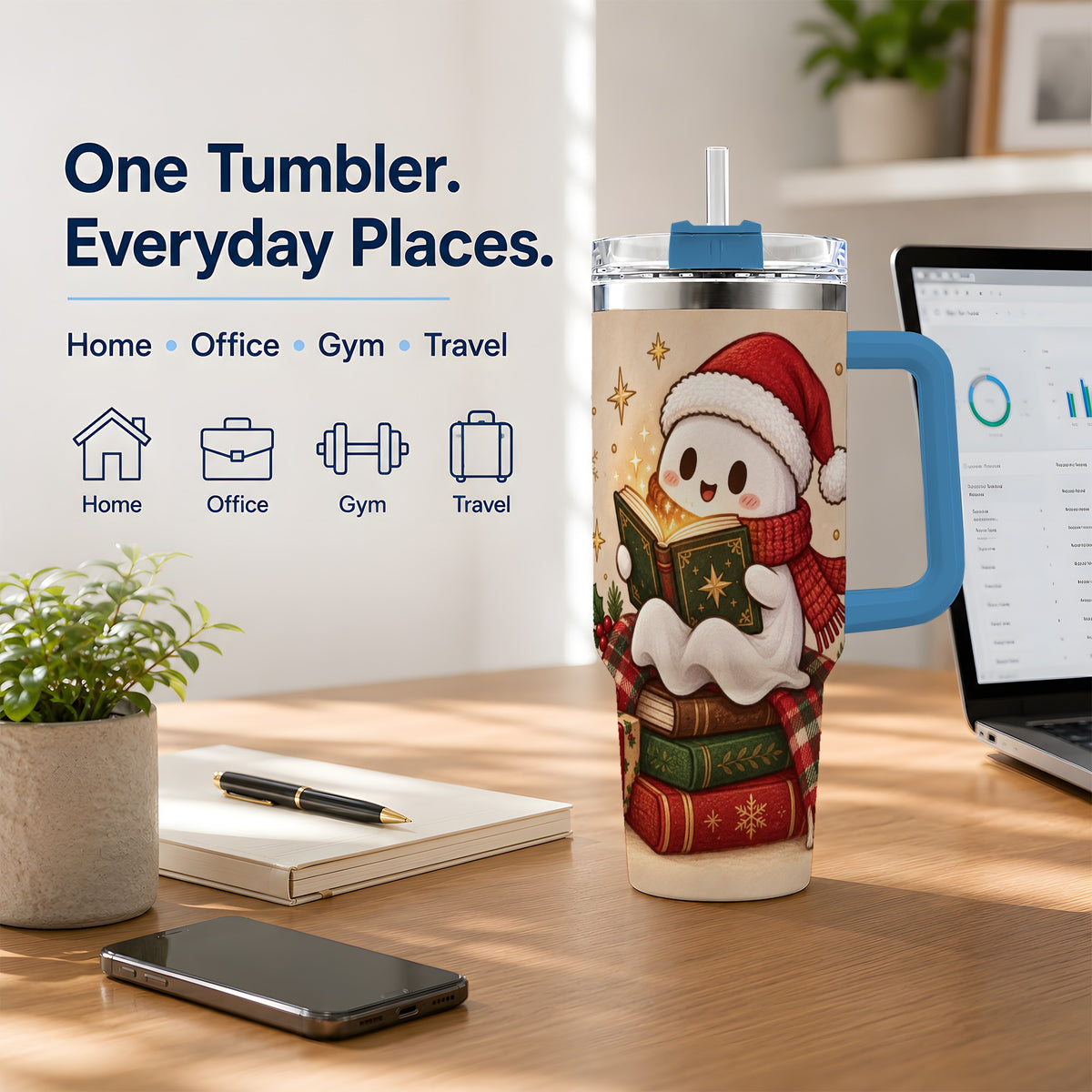 #pl[40oz|Blue] Christmas Ghost Reading 40oz Tumbler, Cozy Holiday Book Artwork