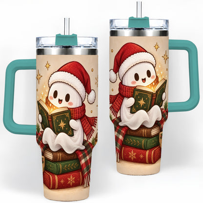 #pl[40oz|Green] Christmas Ghost Reading 40oz Tumbler, Cozy Holiday Book Artwork